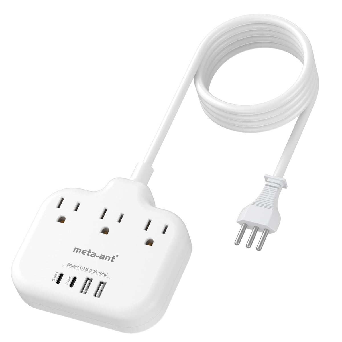 Meta-ant Italy travel plug adapter front view with 3 US outlets for travelers.
