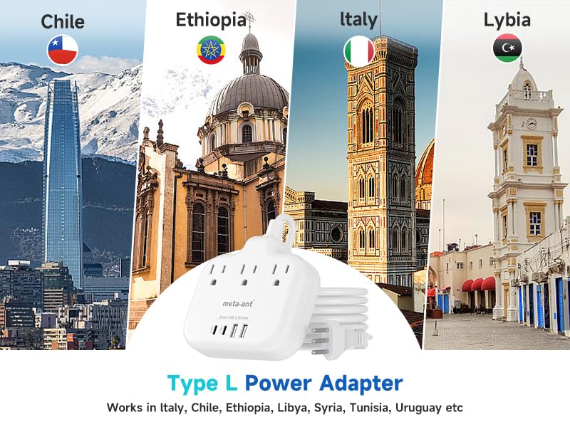 Meta-ant Italy travel plug adapter in hotel or dorm room setting for charging.