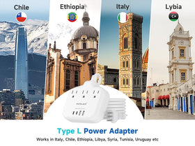 Meta-ant Italy travel plug adapter in hotel or dorm room setting for charging.