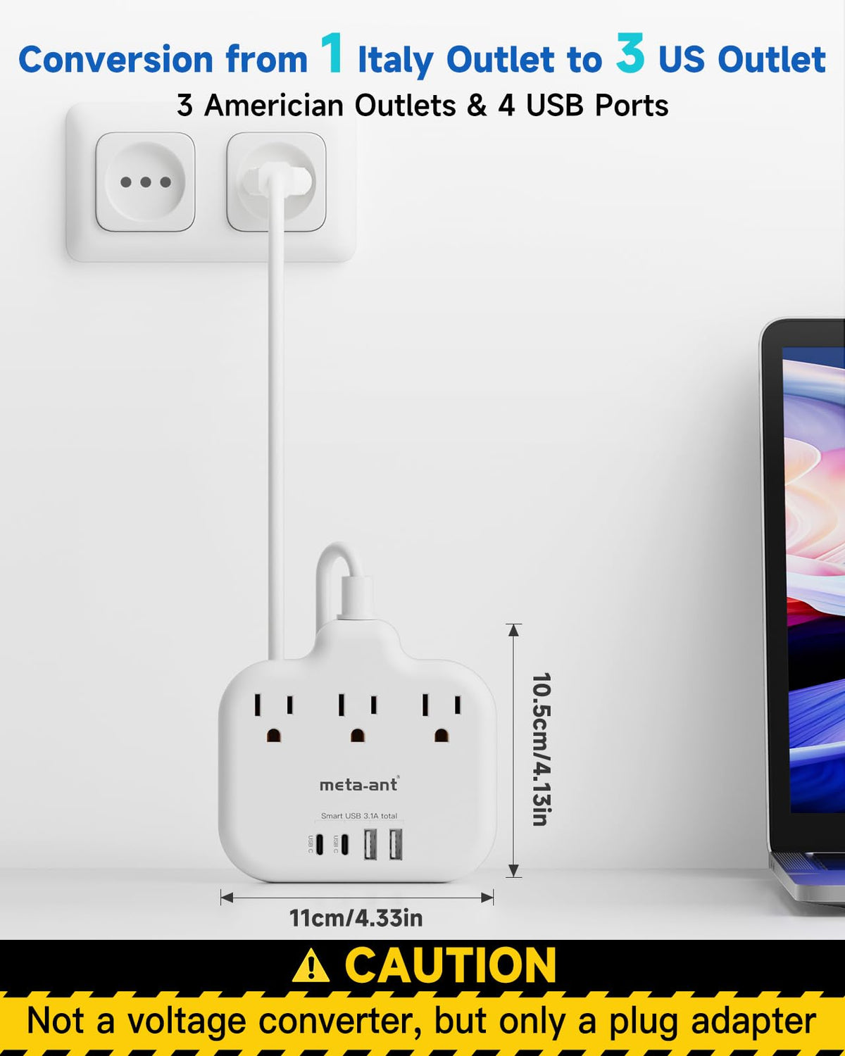 Meta-ant Italy travel plug adapter USB-C ports highlighted for fast device charging.