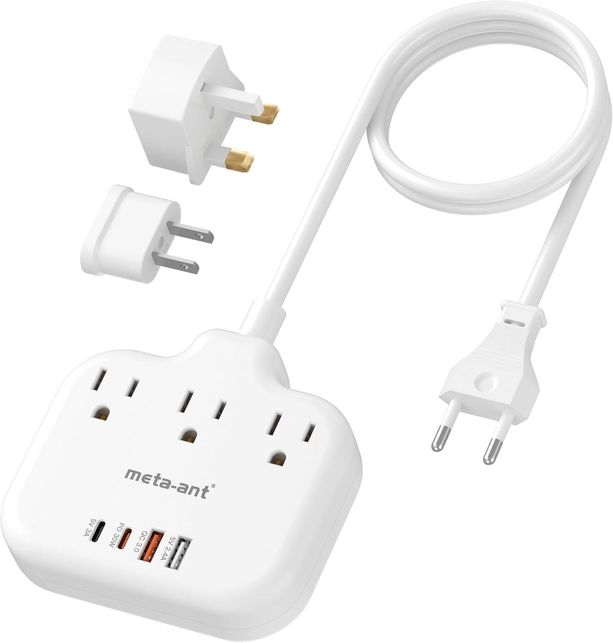 meta-ant PD30W front view showing three AC outlets and USB ports for multi-device charging