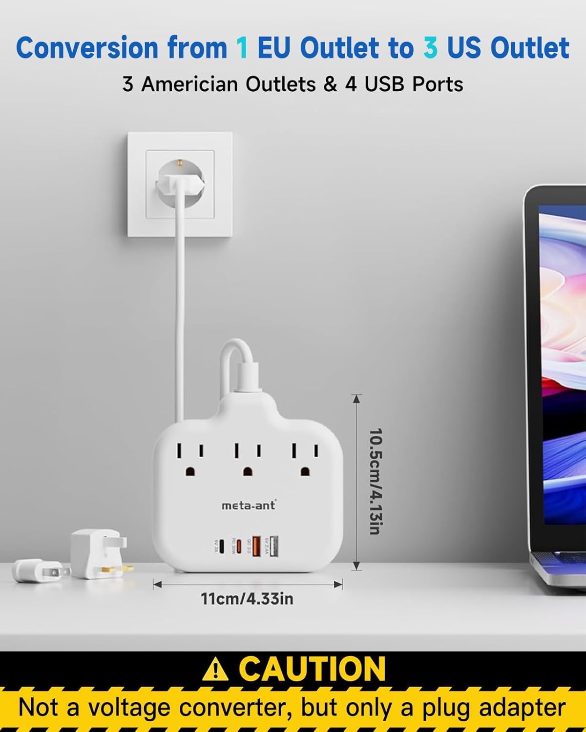 meta-ant adapter showing Type C, Type G and Type A plugs for international compatibility