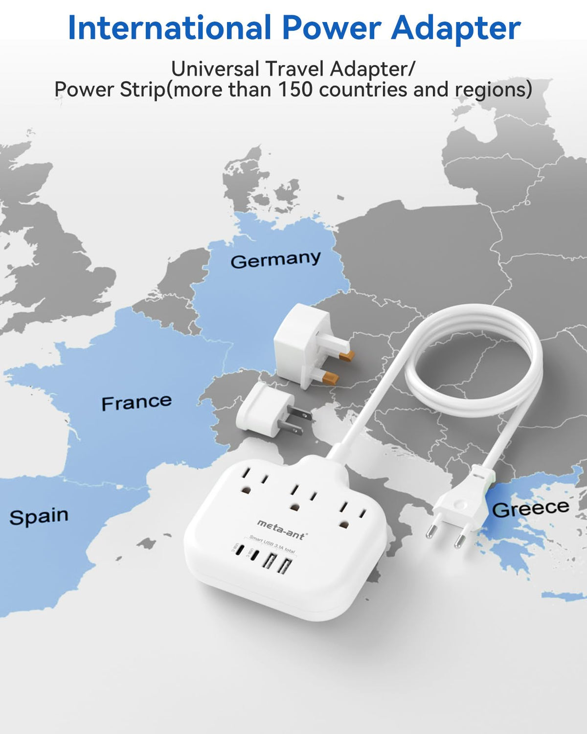 meta-ant side detail of interchangeable EU UK US plugs for travel convenience