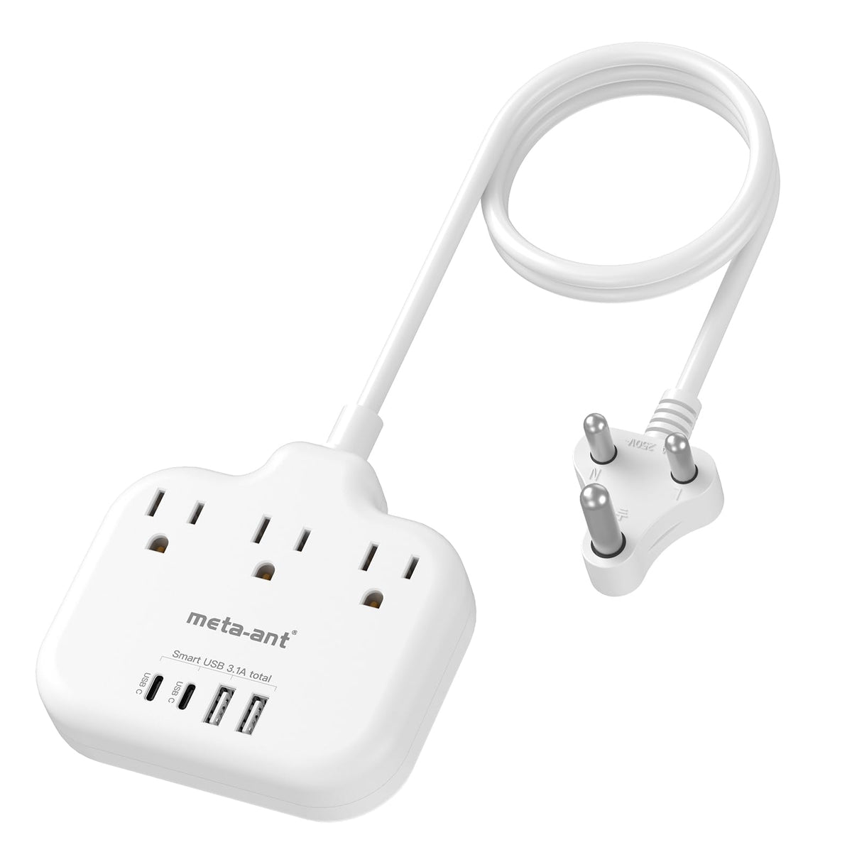 Meta-Ant South Africa plug adapter Type M with 3 outlets and 4 USB ports for versatile charging.