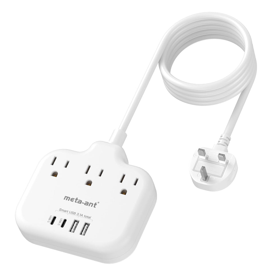 meta-ant Type G travel adapter front view for UK compatibility.