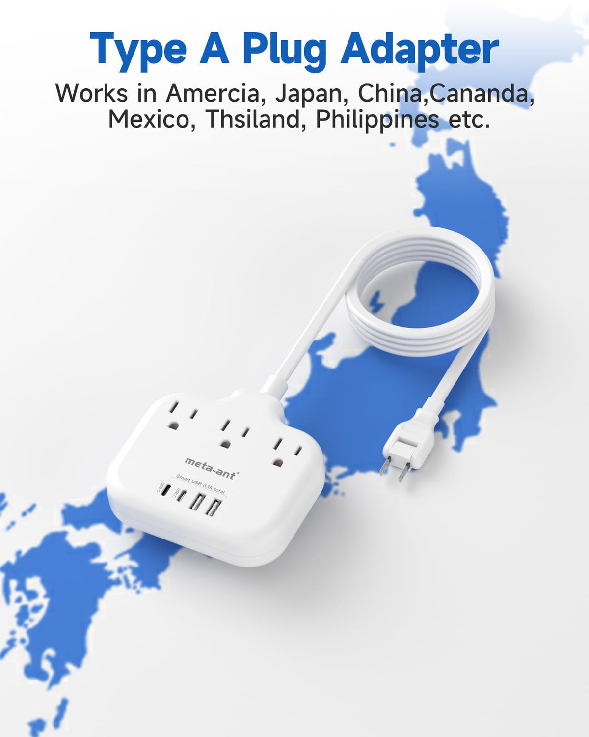 Meta-ant adapter side outlets for easy access to three sockets