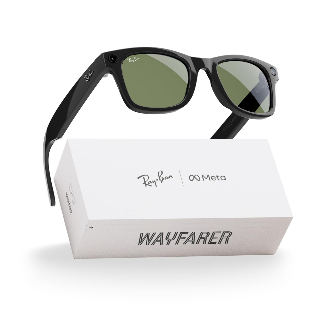 Meta Ray-Ban Gen 1 Wayfarer front view in shiny black, ideal for daily wear and hands-free capture.