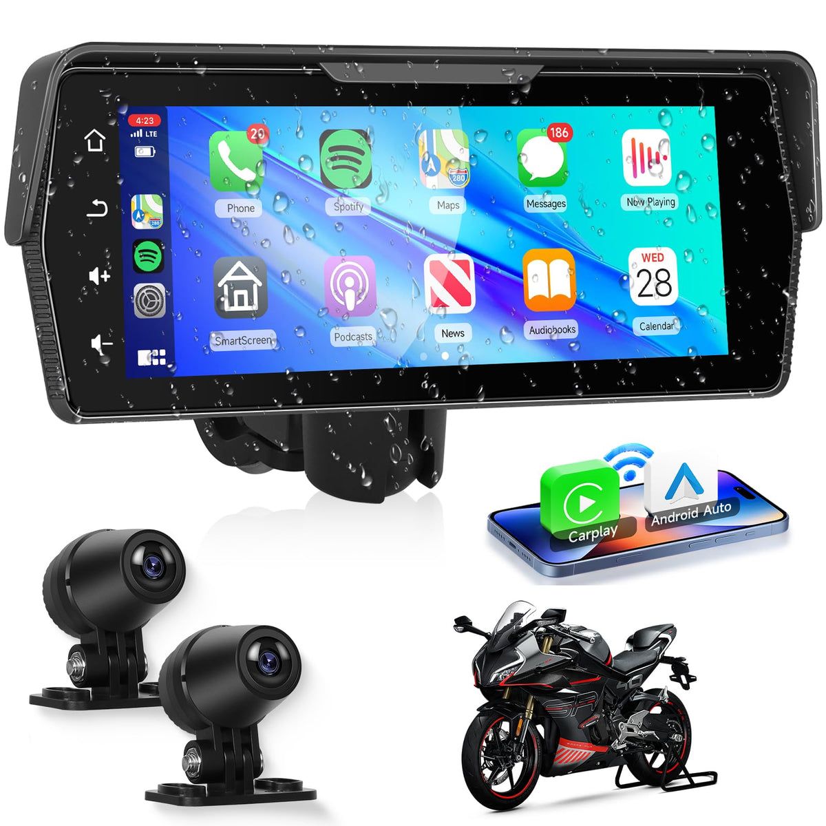 METEESER motorcycle dash cam front view with IP67 waterproof build and 120-degree angle.