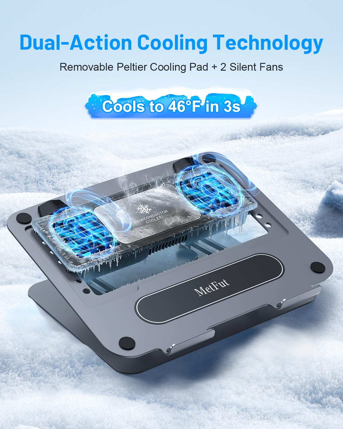 MetFut cooling pad showing adjustable height and angle for ergonomic comfort