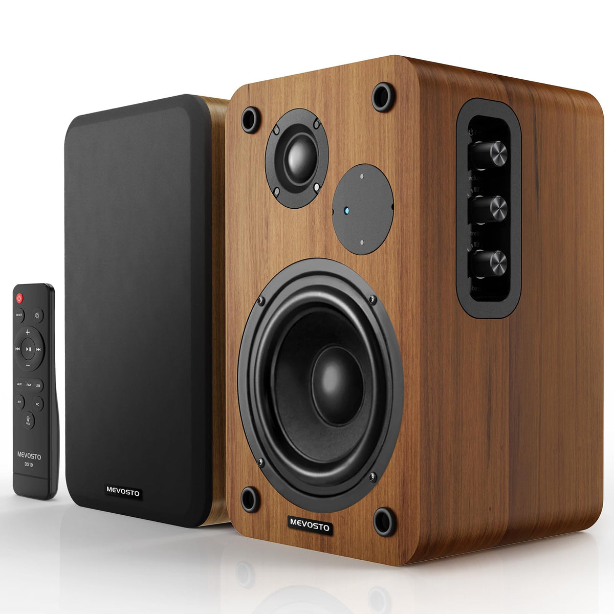 MEVOSTO Active Bookshelf speakers front view with compact design and robust sound.