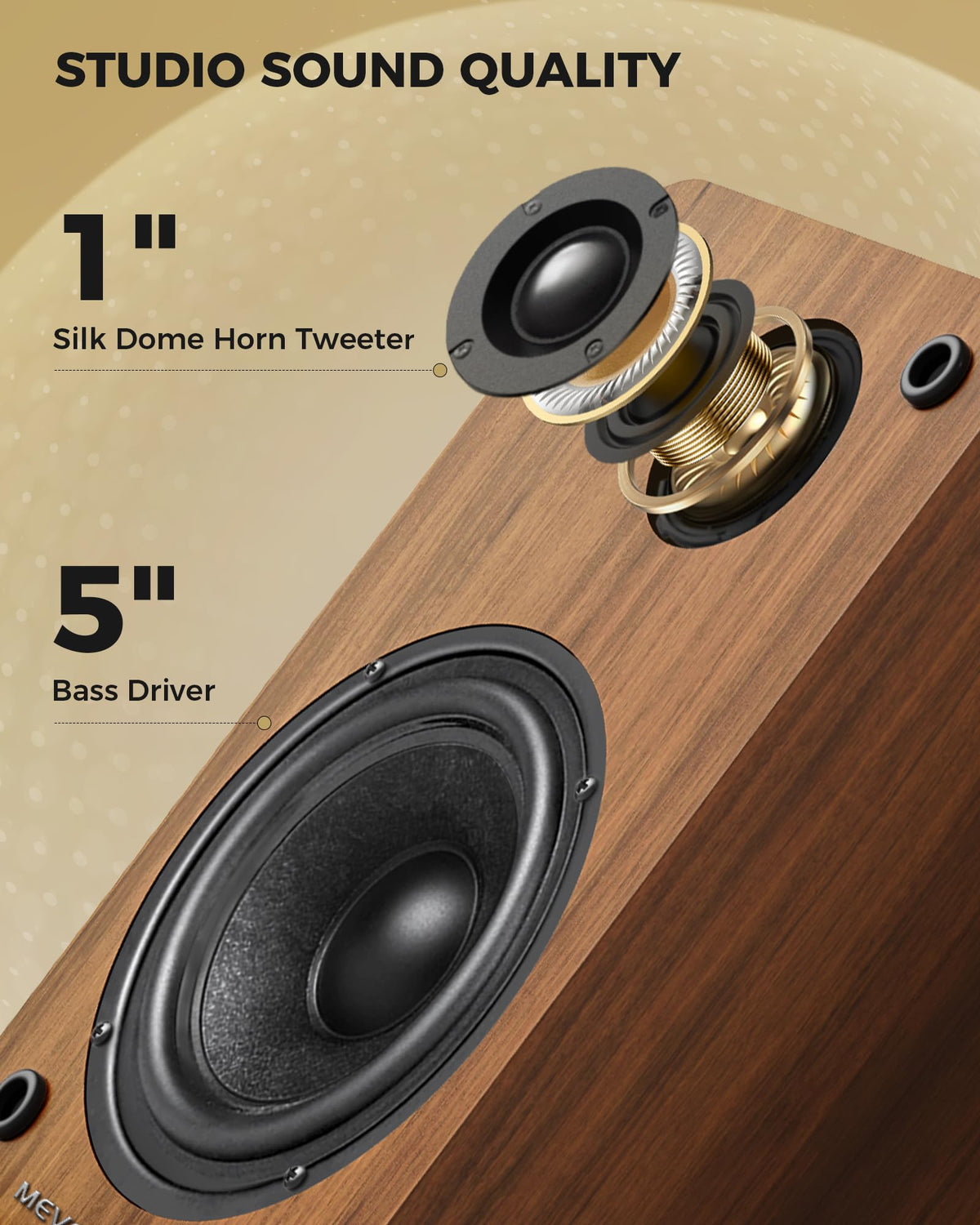 MEVOSTO 5-inch woofer close-up highlights deep bass response in small spaces.