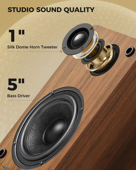MEVOSTO 5-inch woofer close-up highlights deep bass response in small spaces.