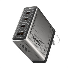 Mfish E-Rhino 140W USB-C charger front view powering a laptop with rapid PD 3.1 charging