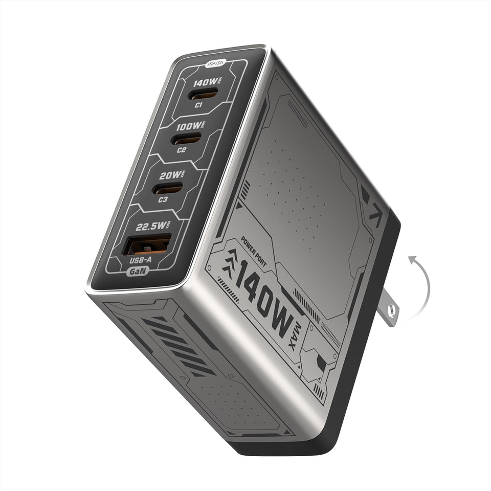 Mfish E-Rhino 140W USB-C charger front view powering a laptop with rapid PD 3.1 charging