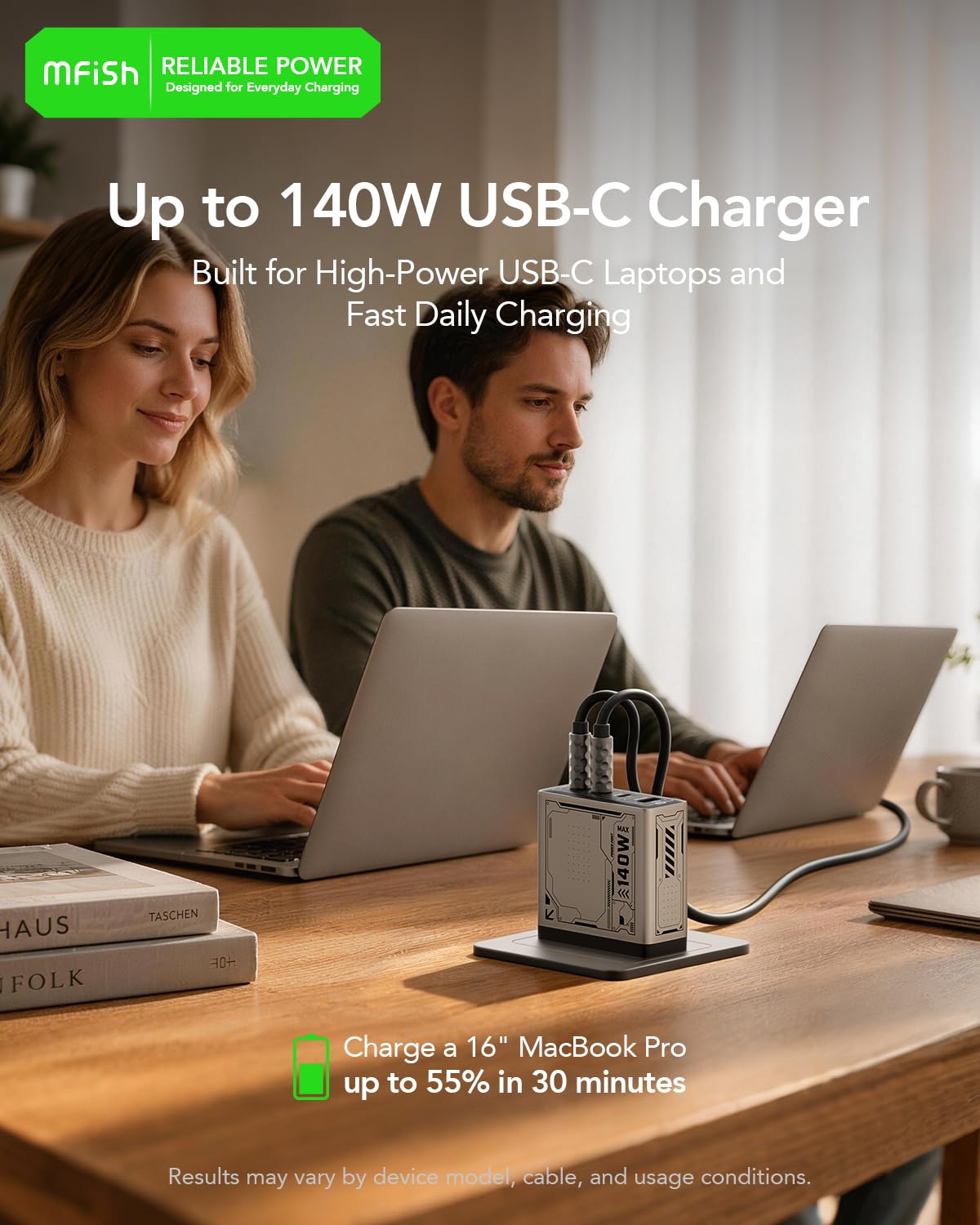 Mfish E-Rhino 140W charger showing four ports for simultaneous device charging