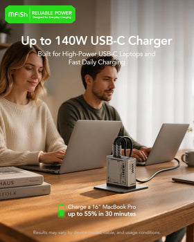 Mfish E-Rhino 140W charger showing four ports for simultaneous device charging