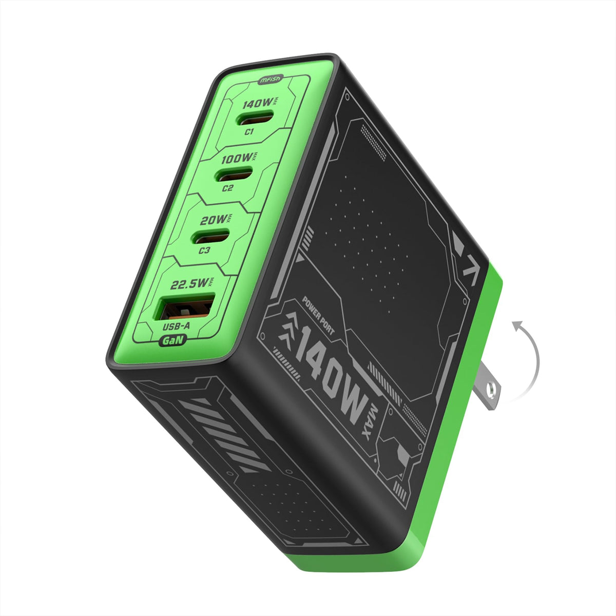 MFish E-Rhino front view showing ports and compact profile, highlights versatile charging