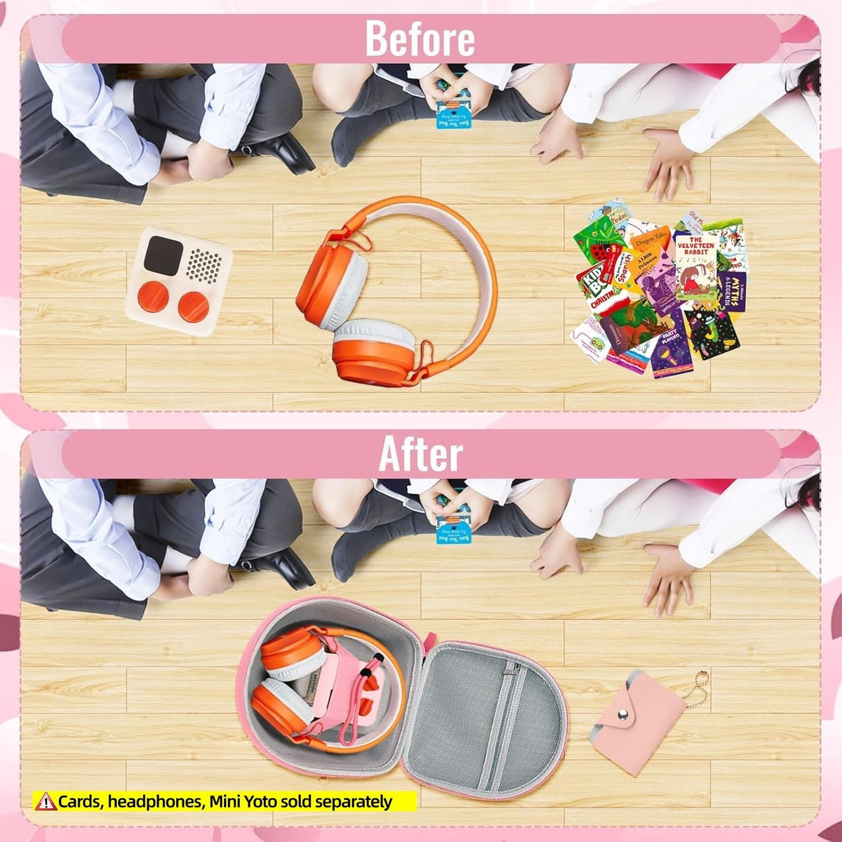 MGZNMTY open case with Yoto Mini and wired headphones illustrating organized storage