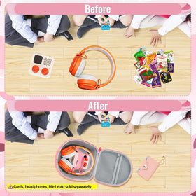 MGZNMTY open case with Yoto Mini and wired headphones illustrating organized storage