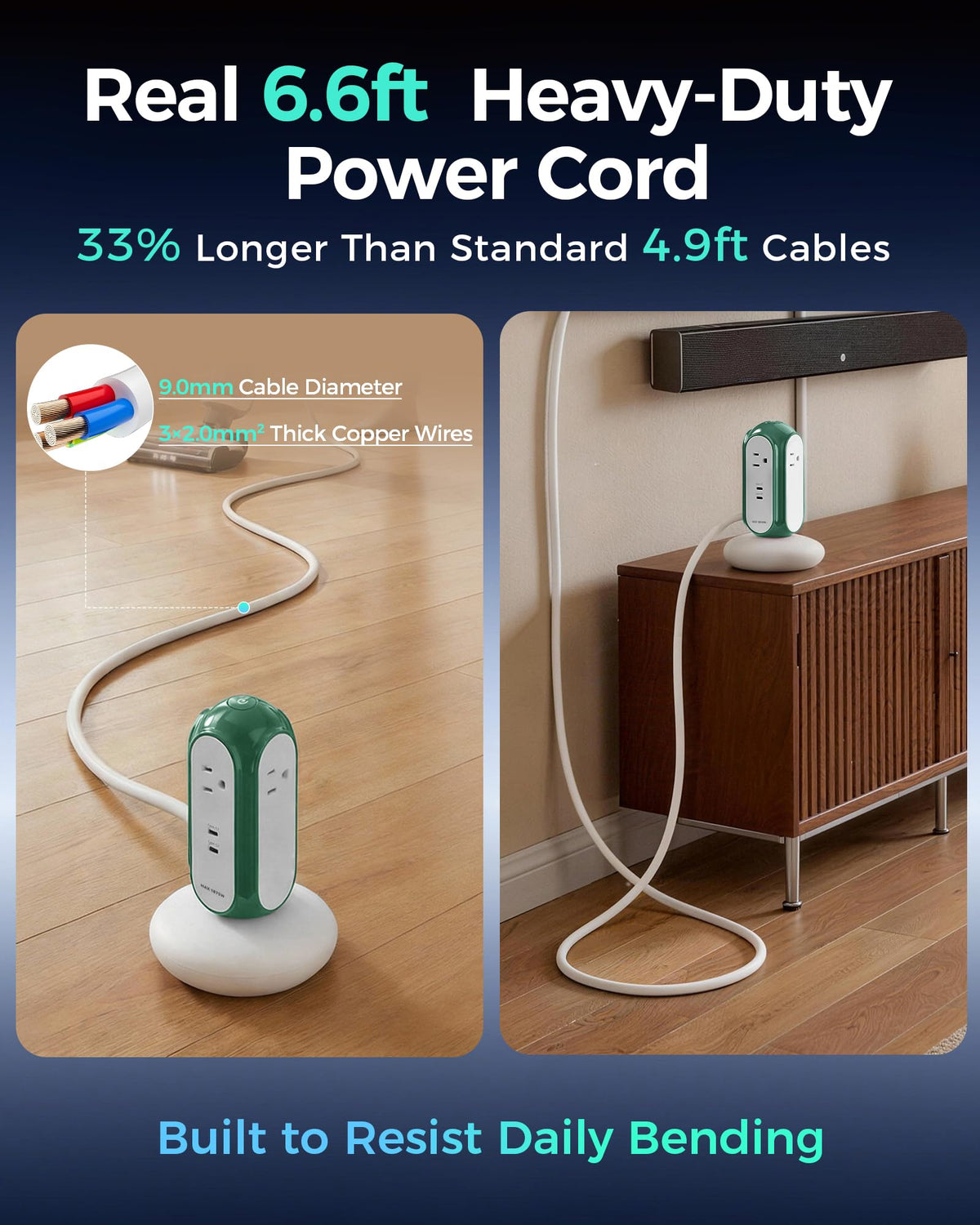 MiaoLab flat plug design fits tight spaces and behind furniture.