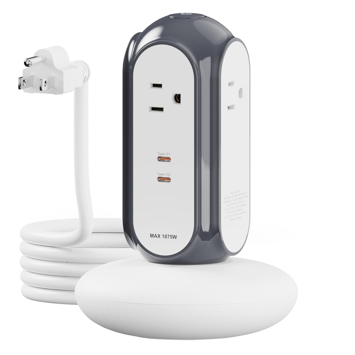 MiaoLab power strip tower with two USB-C ports delivering fast charging on a desk