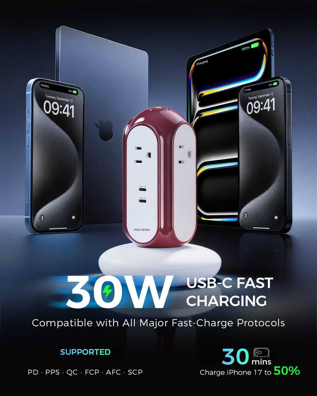 MiaoLab power strip tower USB-C ports provide up to 30W fast charging.