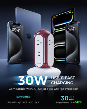 MiaoLab power strip tower USB-C ports provide up to 30W fast charging.