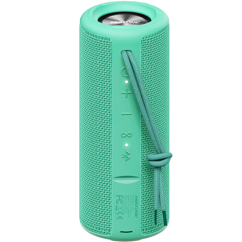 MIATONE boombox front view showing speaker grille and green finish for clearer listening
