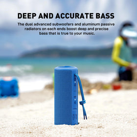 MIATONE speaker on beach in use delivering reliable outdoor audio