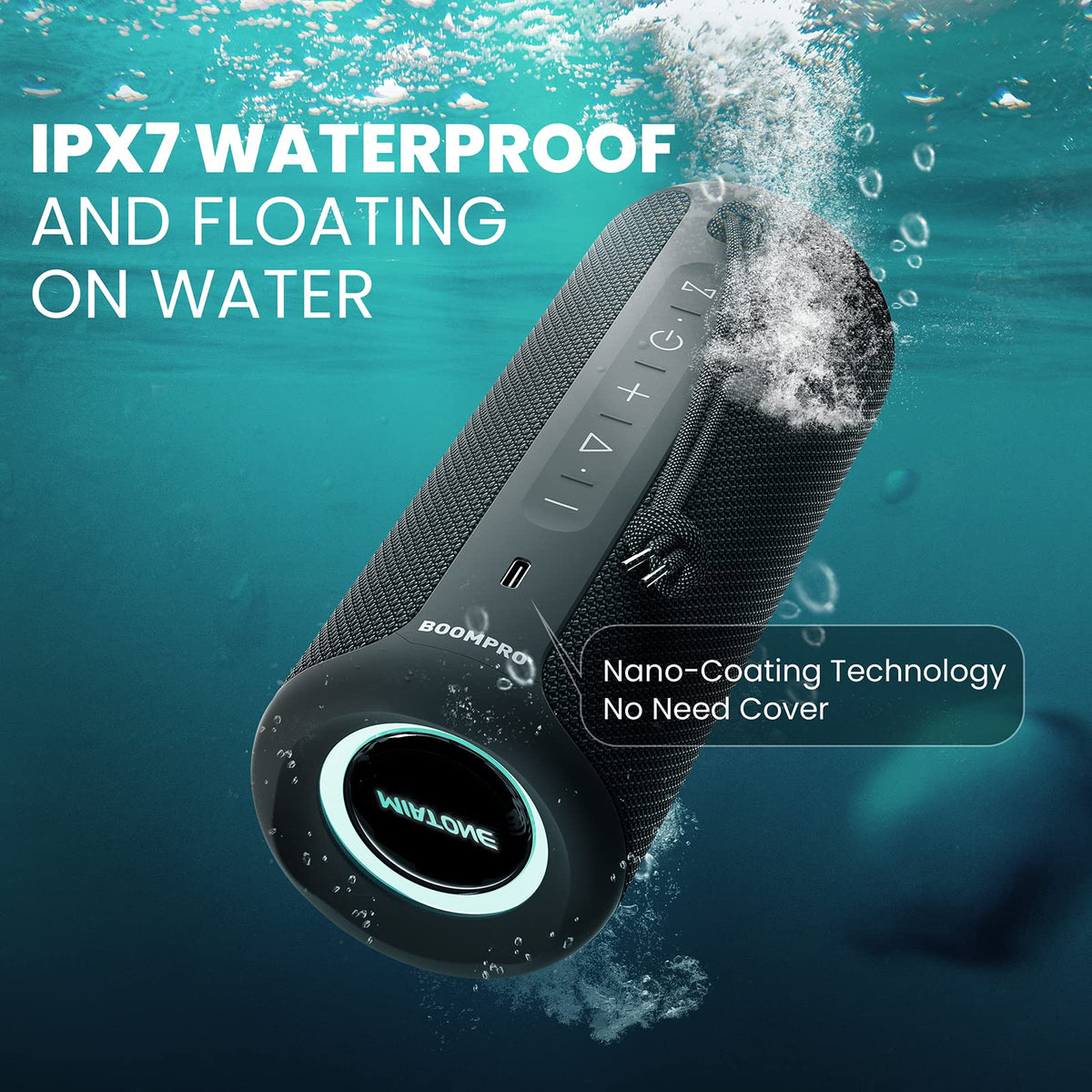 MIATONE speaker poolside demonstrating IPX7 water resistance benefit