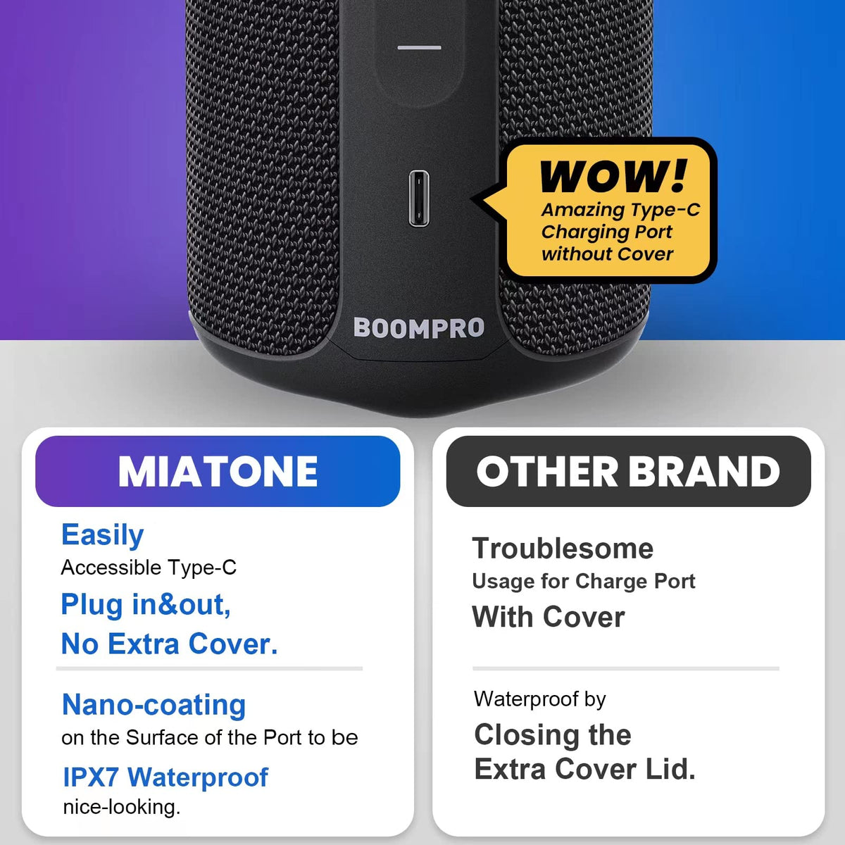 MIATONE two speakers paired via TWS showing expanded stereo sound