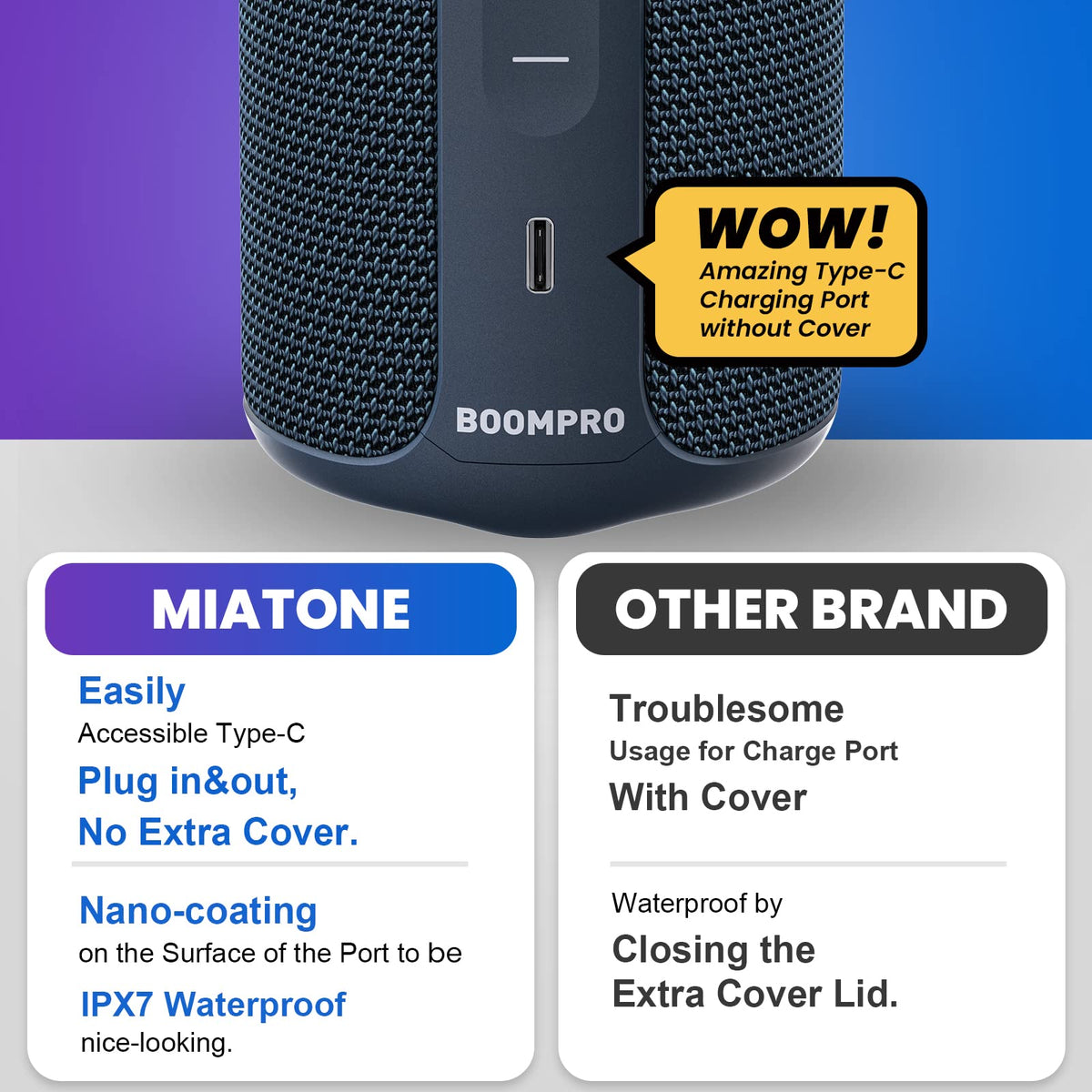 MIATONE USB-C charge port close-up enabling fast, reversible charging