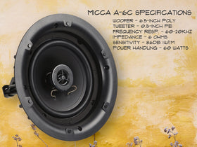 Micca Architecture 6.5-inch speaker in-ceiling mount with reference to 8-inch cutout.