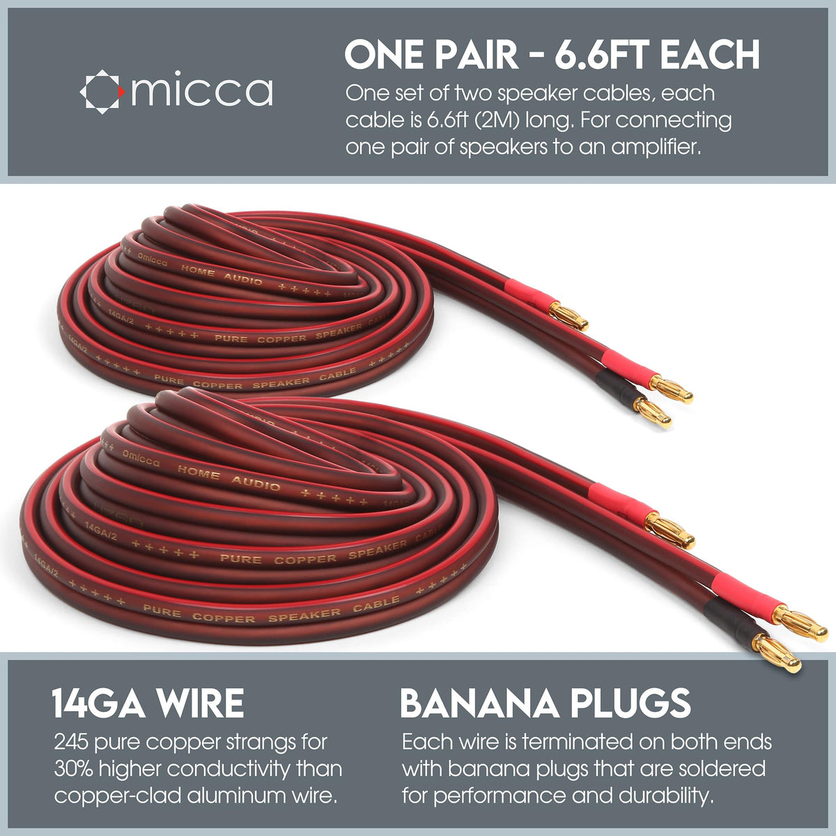 Micca gold-plated banana plug close-up showing secure nine-spring contact benefit