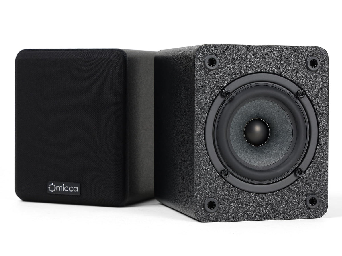 Micca COVO-S compact speaker with 3-inch woofer and 0.75-inch tweeter delivering warm, clear tones.