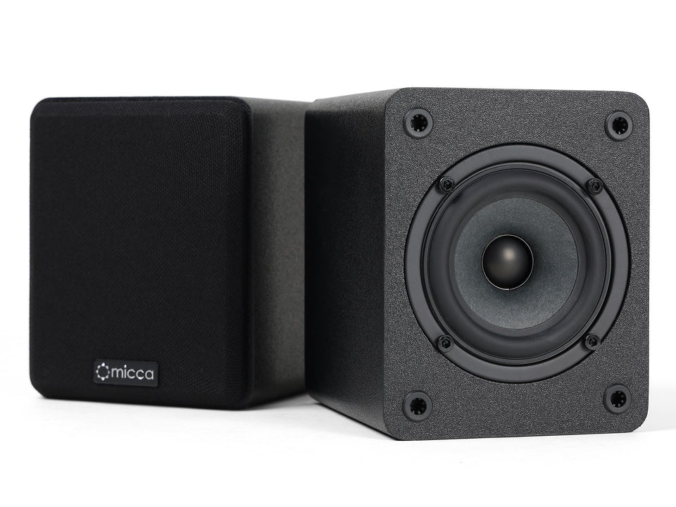 Micca COVO-S compact speaker with 3-inch woofer and 0.75-inch tweeter delivering warm, clear tones.
