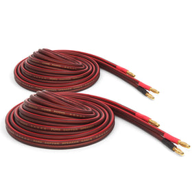 Micca front view showing gold-plated banana plugs and tidy cable ends for reliable contact