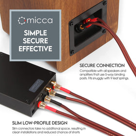 Micca cables connected to bookshelf speakers and receiver showing tidy installation benefit