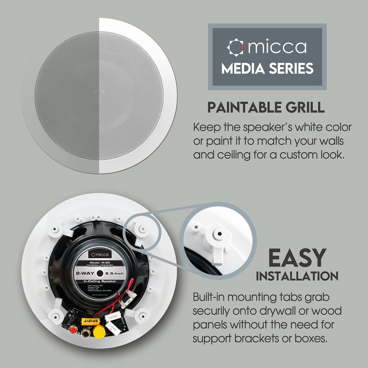 Micca M-6C 6.5 inch woofer close-up displaying mica-polypropylene cone for tight bass