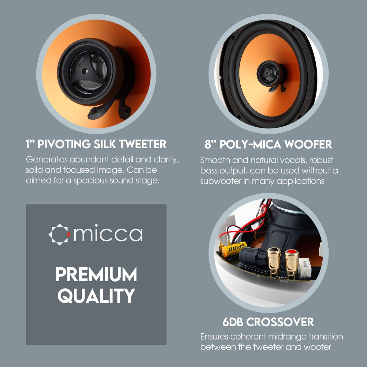Micca M-8C 6dB crossover close-up demonstrates smooth upper-mid transition