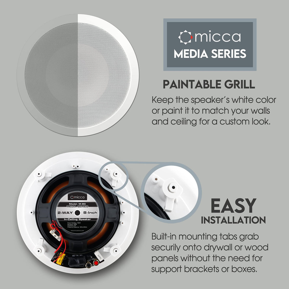 Micca M-8C ceiling install shows easy mounting and flush, clean look