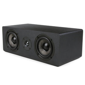Micca MB42X-C center speaker front view showing compact, room-friendly design for dialogue clarity.