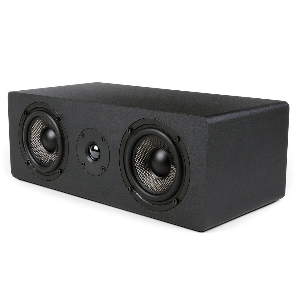 Micca MB42X-C center speaker front view showing compact, room-friendly design for dialogue clarity.