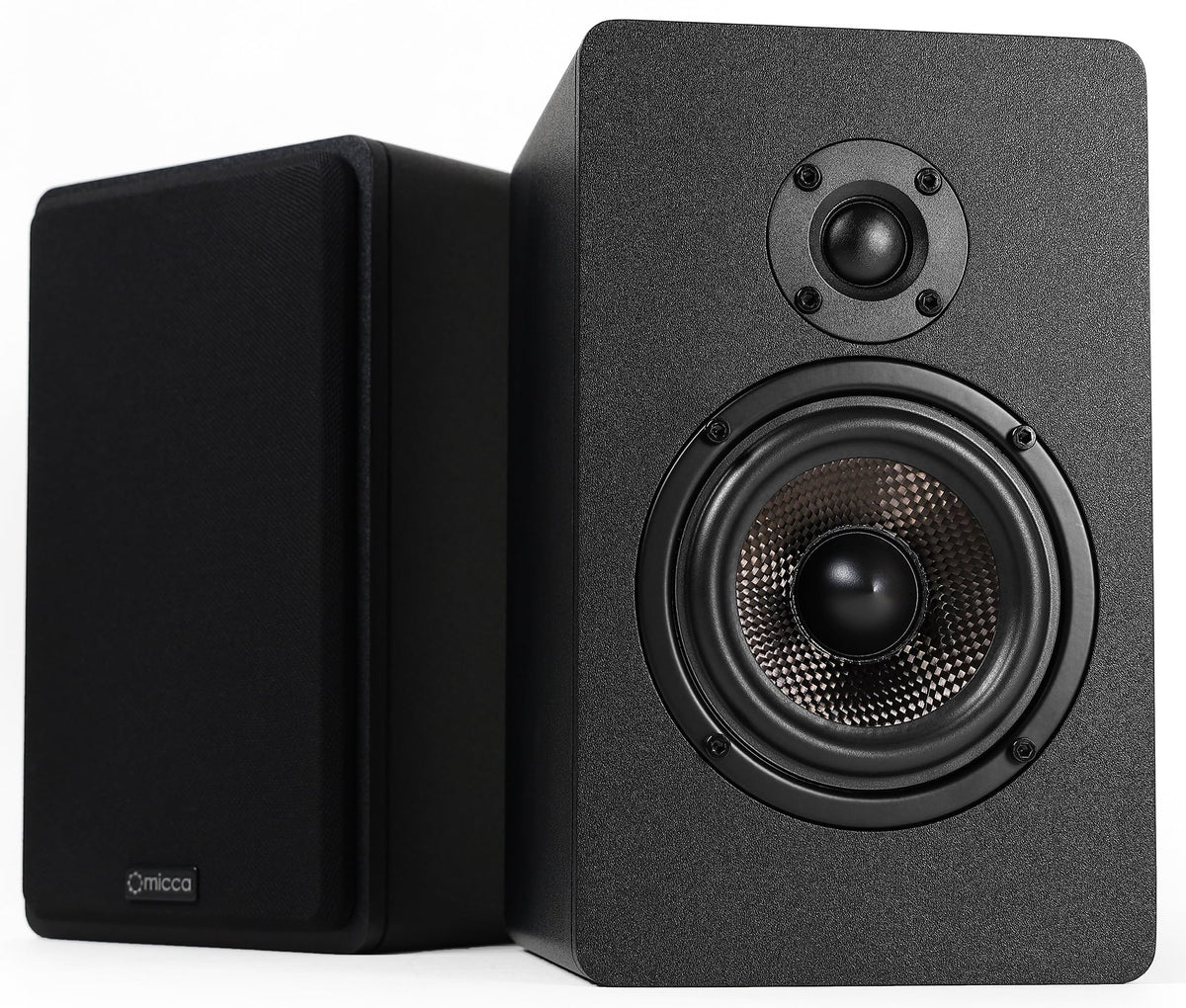 Micca MB42X G2 front view shows compact, space-saving bookshelf design for small rooms.