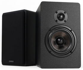 Micca MB42X G2 front view shows compact, space-saving bookshelf design for small rooms.