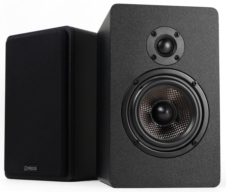 Micca MB42X G2 front view shows compact, space-saving bookshelf design for small rooms.