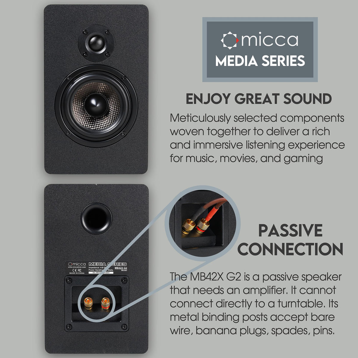 Micca MB42X G2 side panel emphasizes sleek, versatile placement in modern interiors.