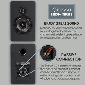 Micca MB42X G2 side panel emphasizes sleek, versatile placement in modern interiors.