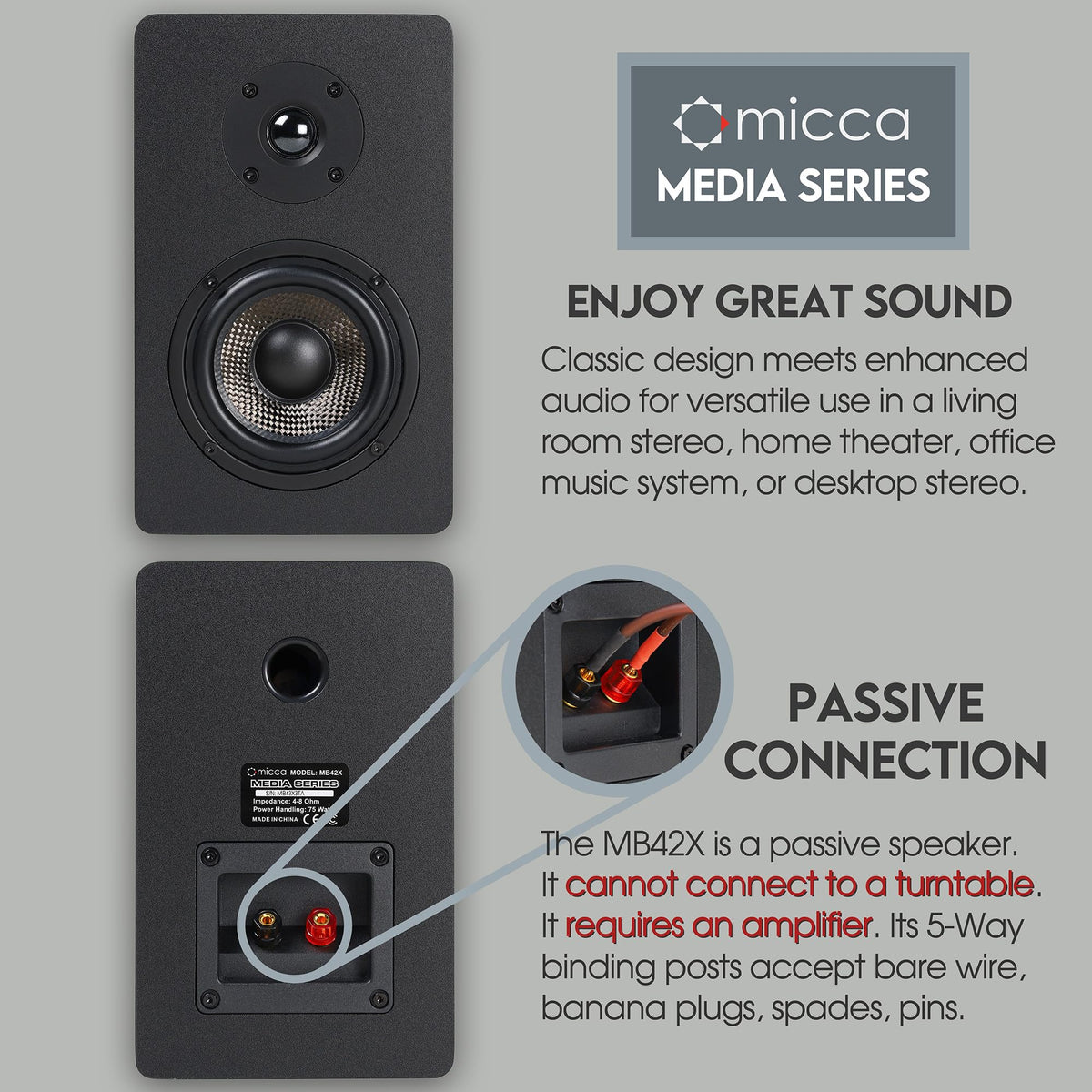 Micca MB42X woofer close-up reveals carbon fiber driver for impact