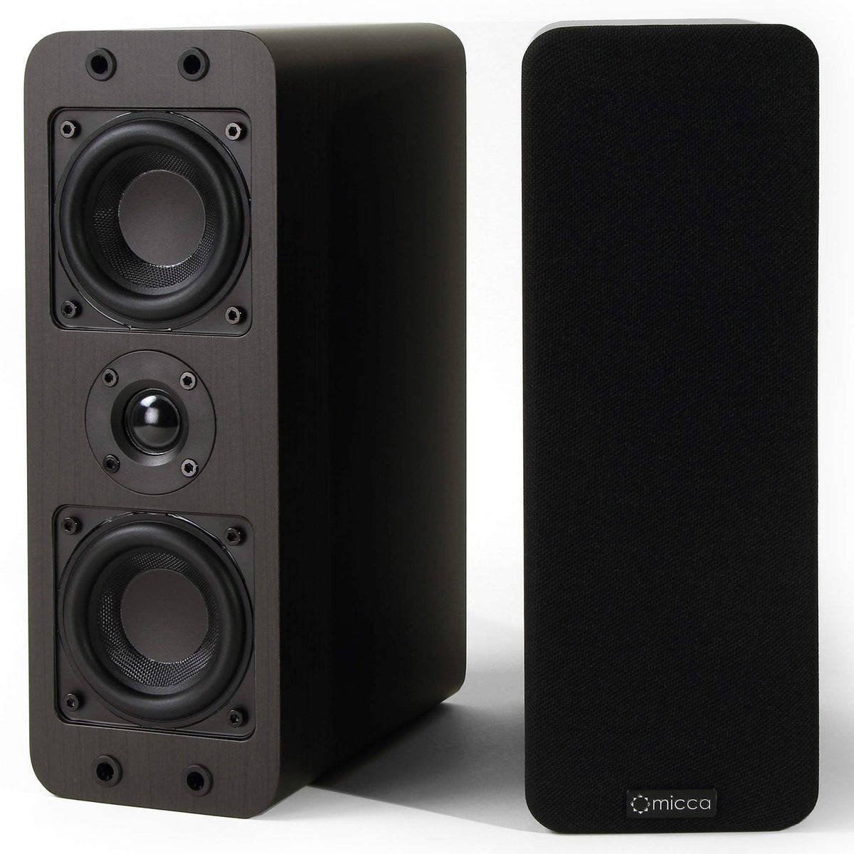 Micca OoO front view in dark walnut showing compact cabinet and speaker grille, enhances small-room sound